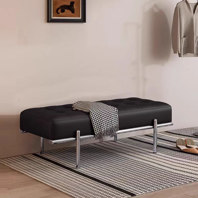 Minimalist Leather Stainless Steel Rectangular Bench — White