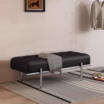 Minimalist Leather Stainless Steel Rectangular Bench — White