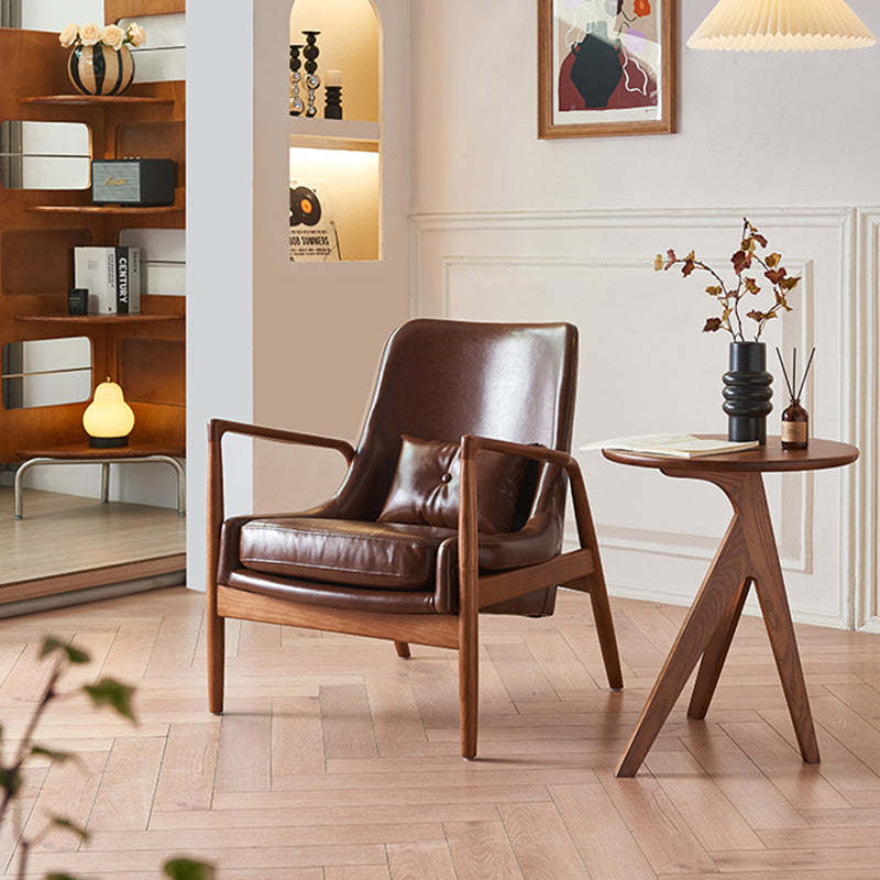 Nordic Leather Fabric Wood Accent Chair — Leather - Brown