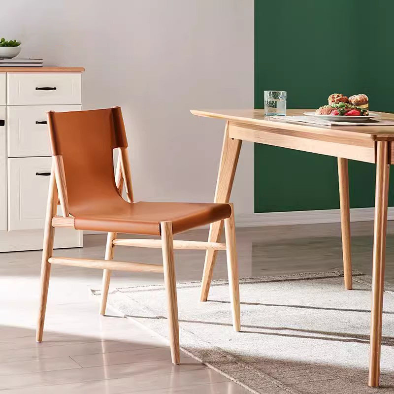 Minimalist Saddle Leather Wood Curved Dining Chair