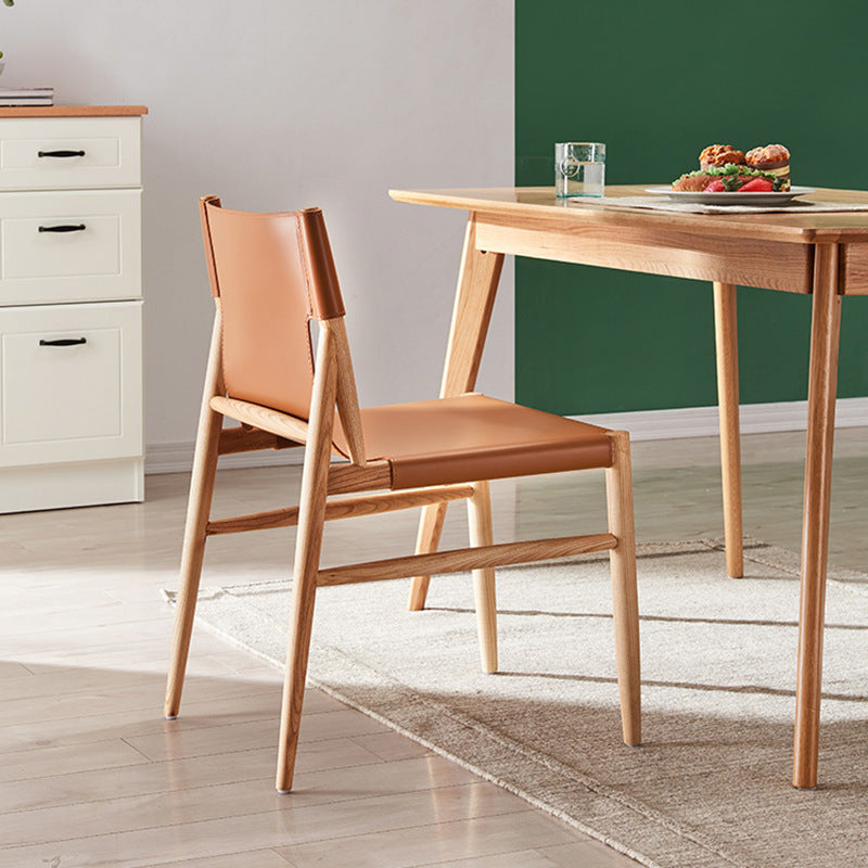 Minimalist Saddle Leather Wood Curved Dining Chair — Black