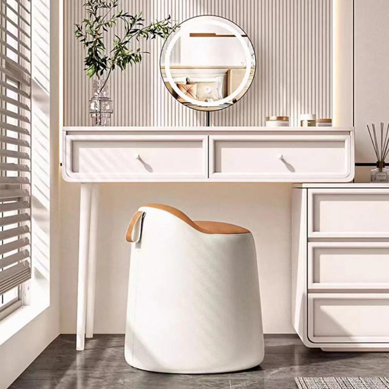 Minimalist Leather Wood Cylindrical Vanity Stool — White