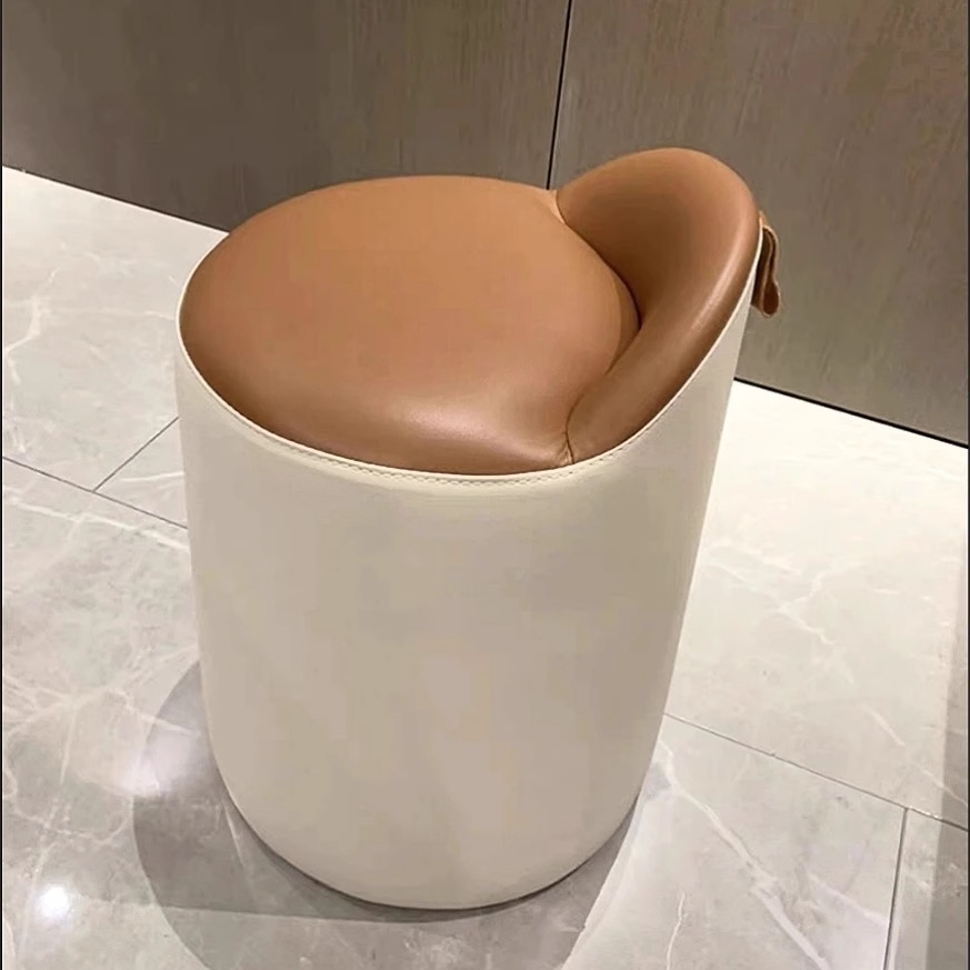 Minimalist Leather Wood Cylindrical Vanity Stool