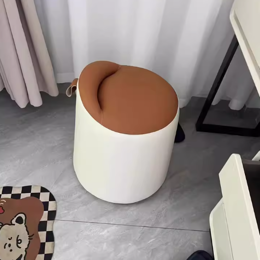 Minimalist Leather Wood Cylindrical Vanity Stool