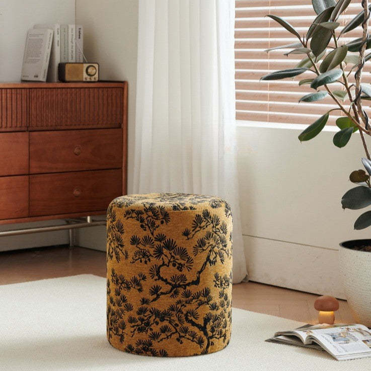 Contemporary Fabric Wood Cylindrical Low Stool