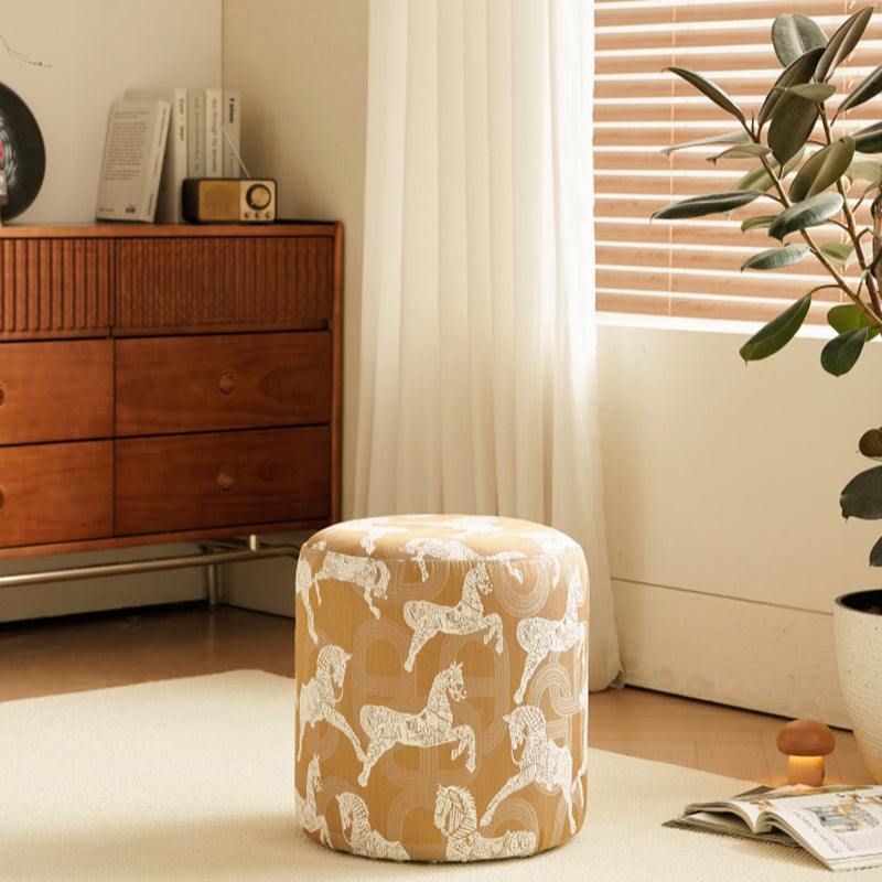 Contemporary Fabric Wood Cylindrical Low Stool — A