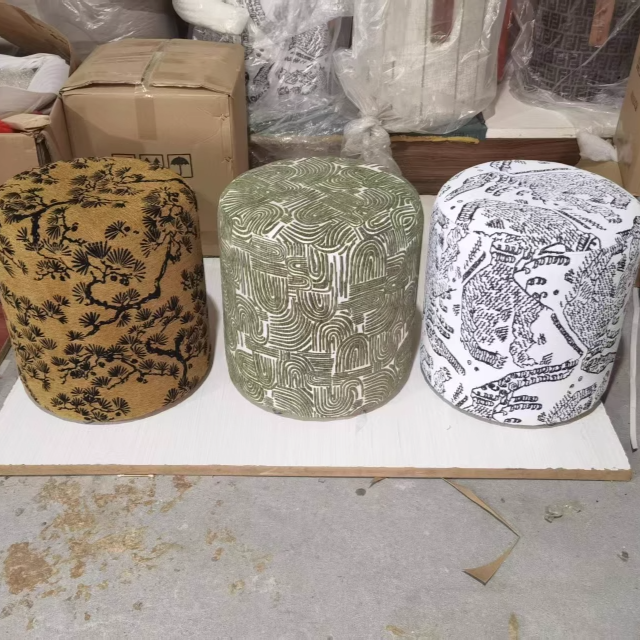 Contemporary Fabric Wood Cylindrical Low Stool