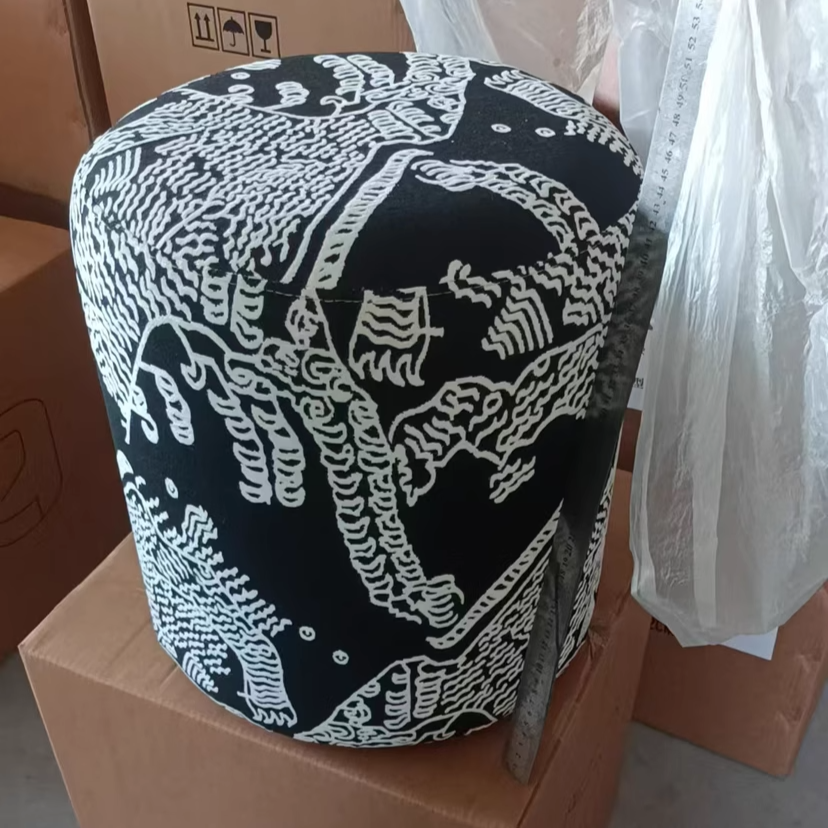 Contemporary Fabric Wood Cylindrical Low Stool