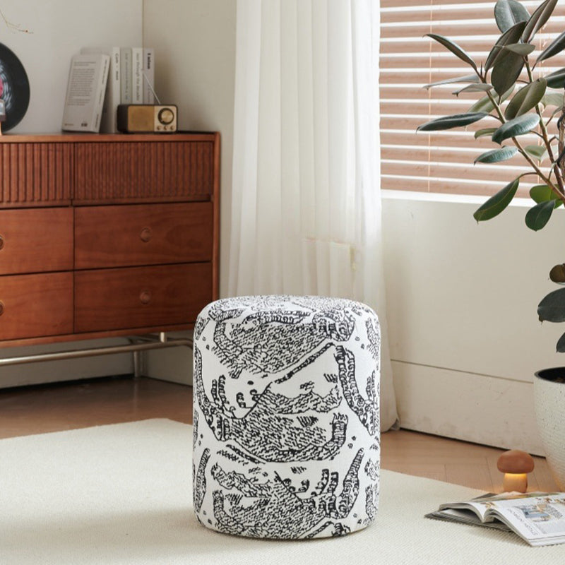 Contemporary Fabric Wood Cylindrical Low Stool