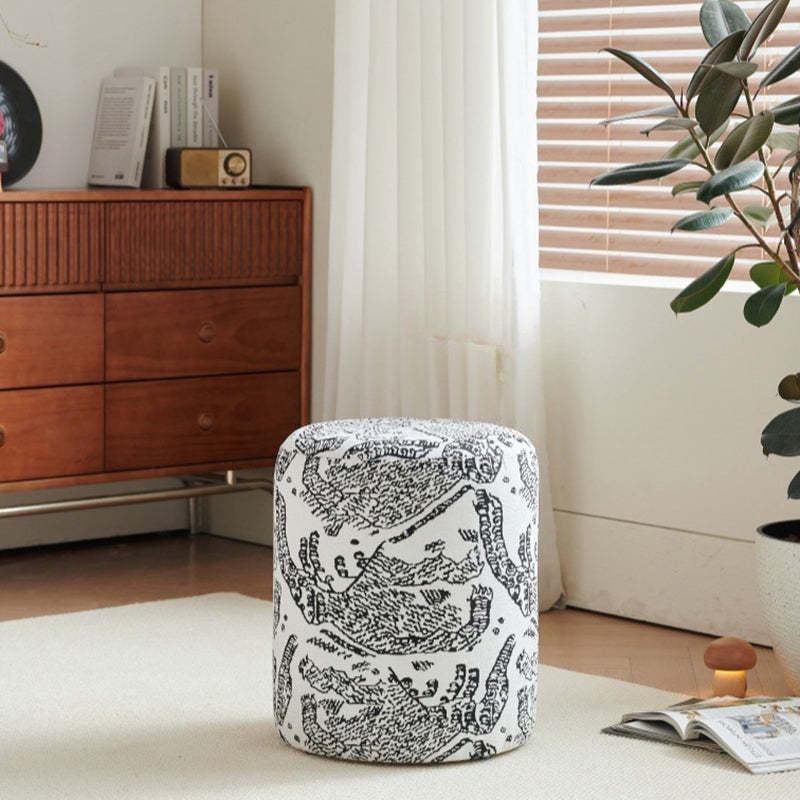 Contemporary Fabric Wood Cylindrical Low Stool