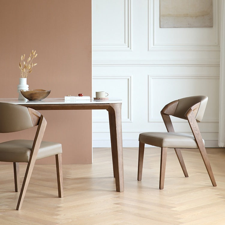 Contemporary Microfiber Leather Linen Ash Wood Dining Chair — Khaki Color Microfiber Leather