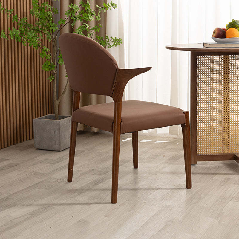 Chinese Leather Wood Horn-Shaped Dining Chair — Walnut Color / Black Oil Waxed Leather