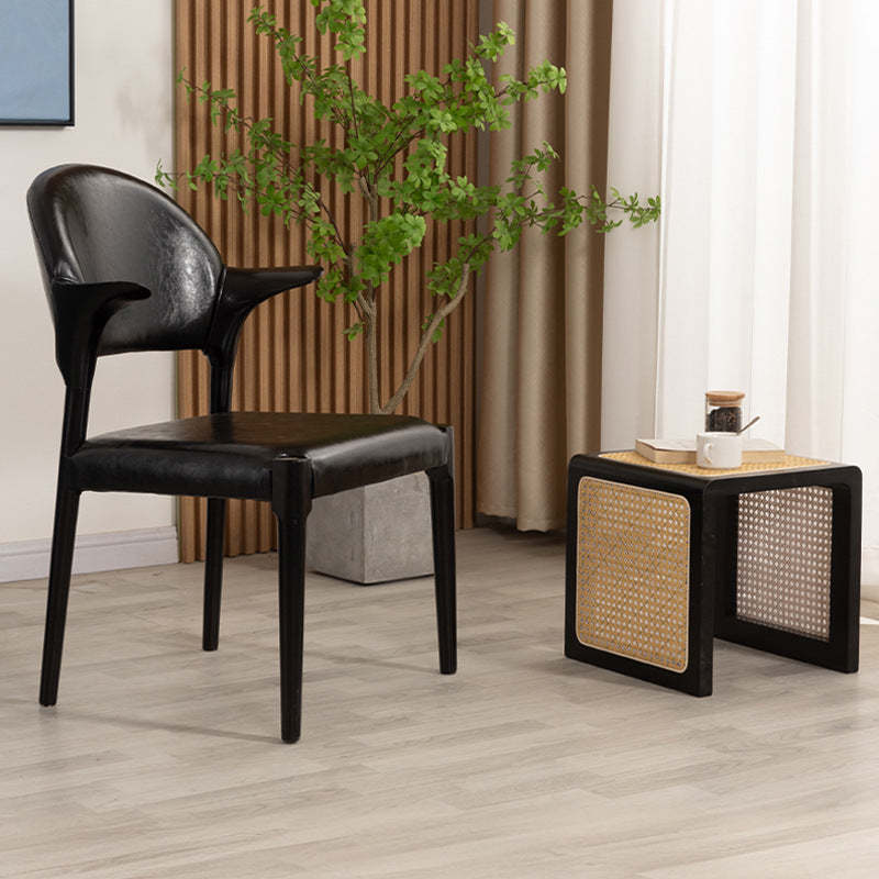 Chinese Leather Wood Horn-Shaped Dining Chair — Walnut Color / Black Matte