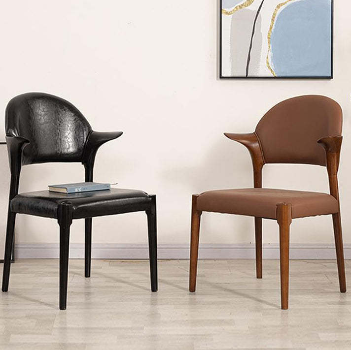 Chinese Leather Wood Horn-Shaped Dining Chair — Walnut Color / Brown Matte