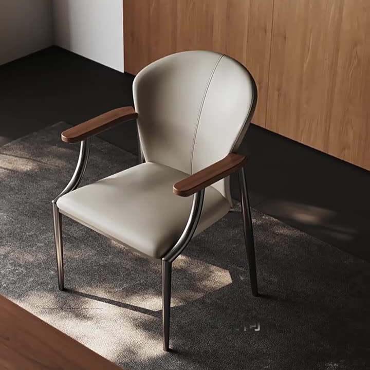 Scandinavian Microfiber Leather Walnut Curved Dining Chair — Beige
