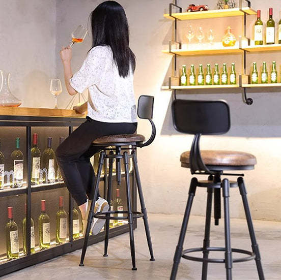 Industrial Wood Leather Iron Round Bar Stool