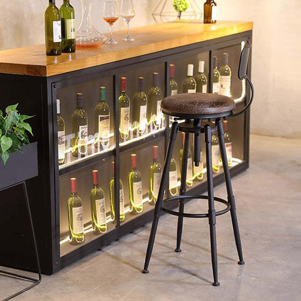 Industrial Wood Leather Iron Round Bar Stool
