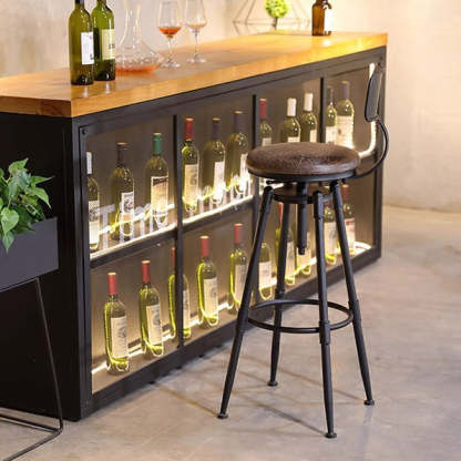 Industrial Wood Leather Iron Round Bar Stool
