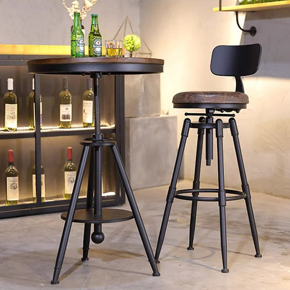 Industrial Wood Leather Iron Round Bar Stool