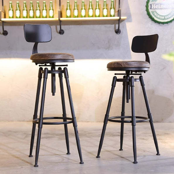 Industrial Wood Leather Iron Round Bar Stool