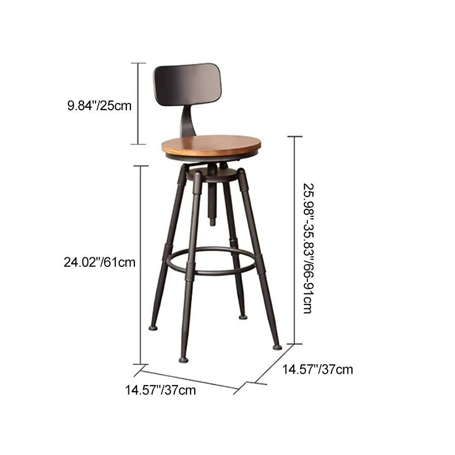 Industrial Wood Leather Iron Round Bar Stool