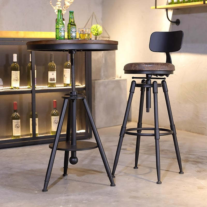 Industrial Wood Leather Iron Round Bar Stool — Leather