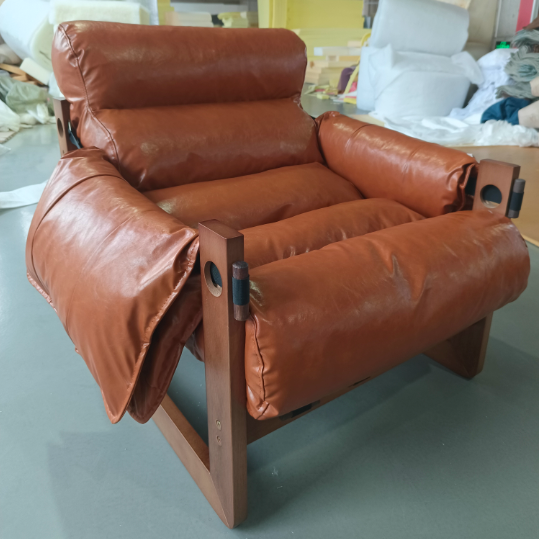 Chinese Oil-Wax Leather Wood Accent Chair