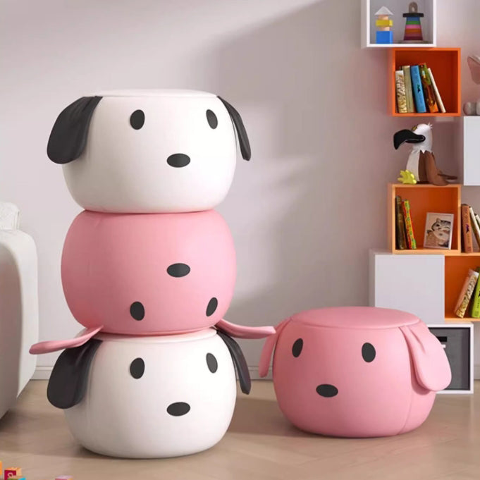 Art Deco Leather Wood Cartoon Animal Low Stool — White