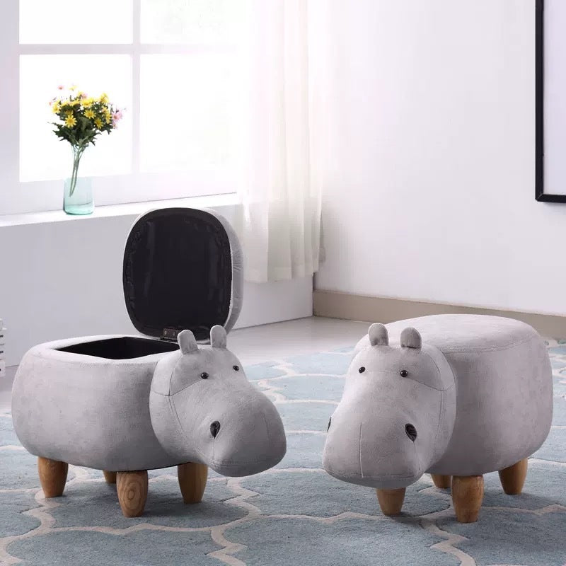 Art Deco Tech Fabric Wood Hippo Storage Low Stool — Normal Model / Green