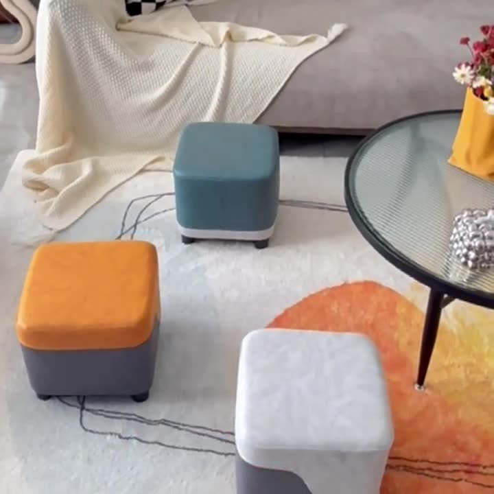 Minimalist Tech Fabric Wood Rounded Low Stool — White +Gray