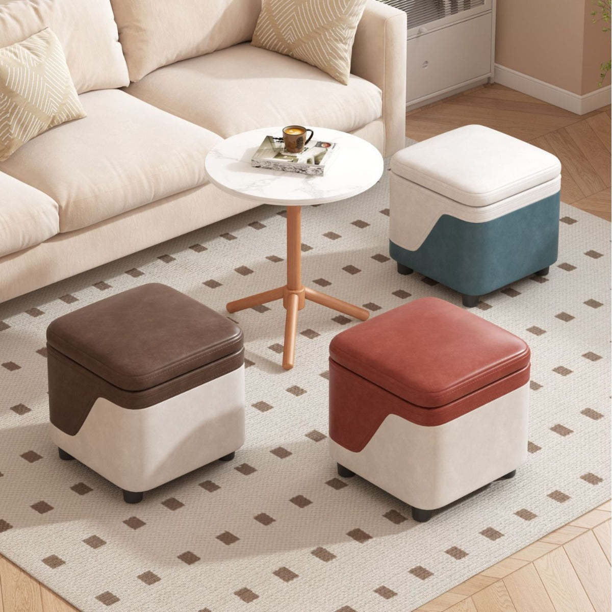 Minimalist Tech Fabric Wood Rounded Low Stool — Gray + White