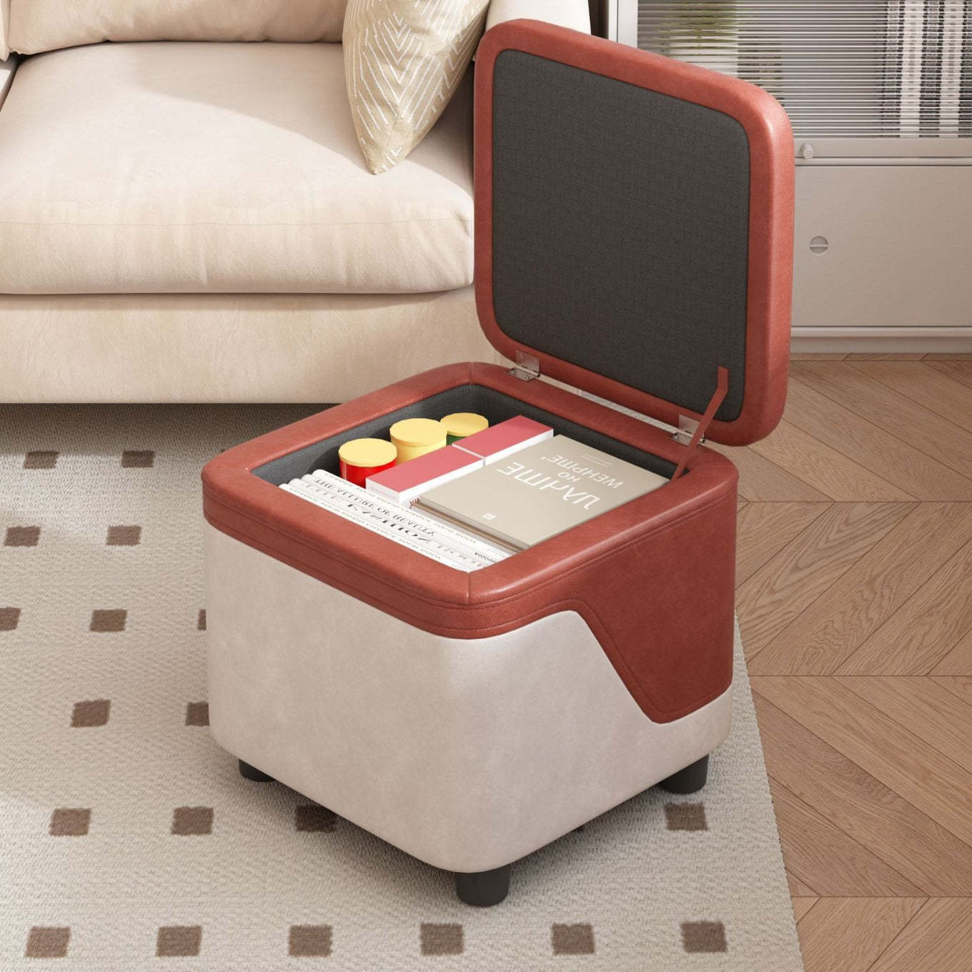 Minimalist Tech Fabric Wood Rounded Low Stool