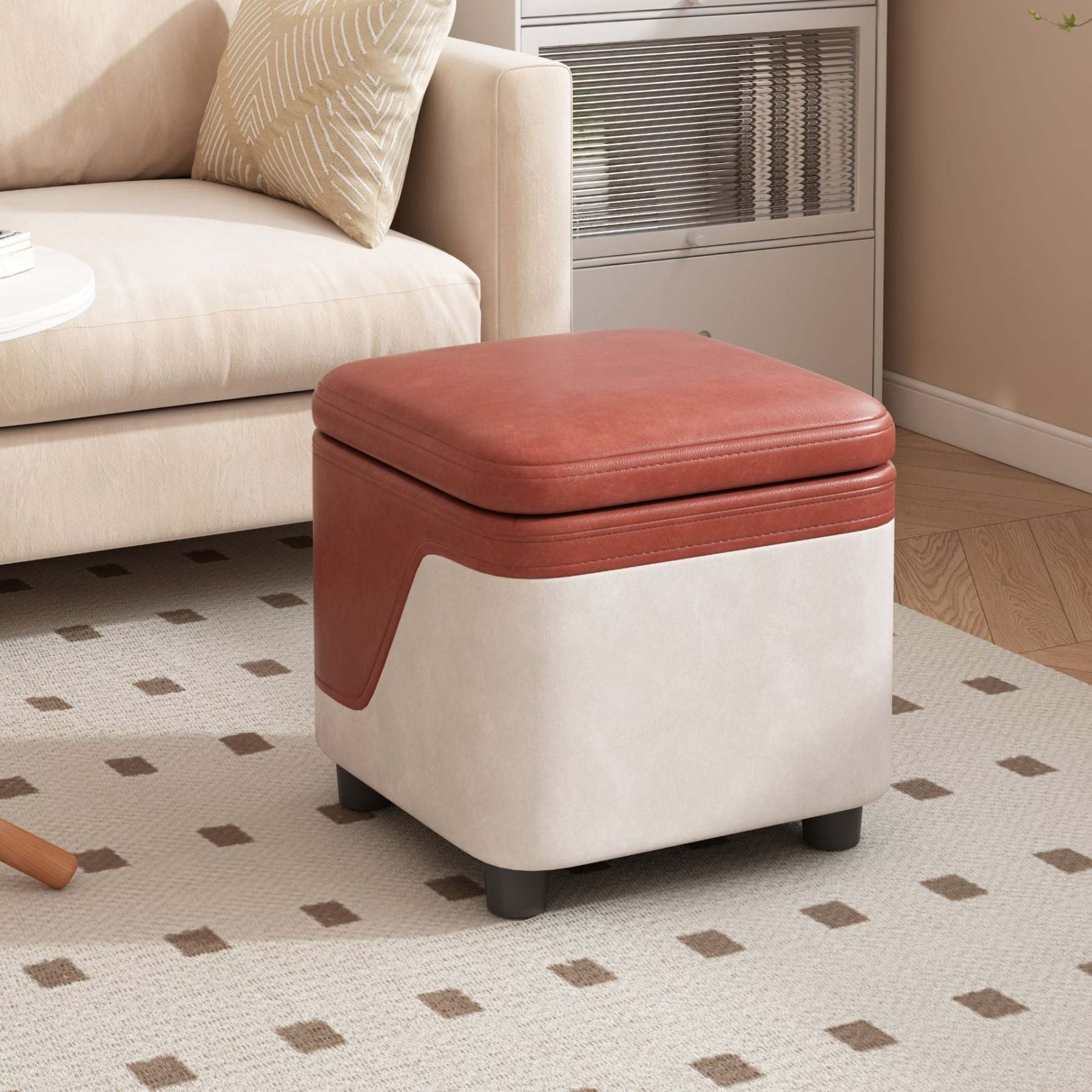 Minimalist Tech Fabric Wood Rounded Low Stool