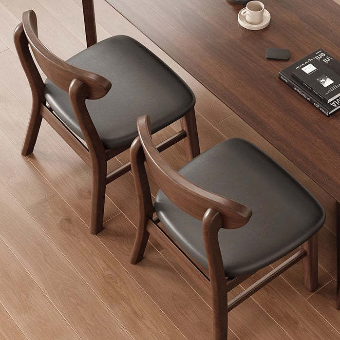 Minimalist Leather Solid Wood Curved Dining Chair — Cotton Linen + Smoke Gray