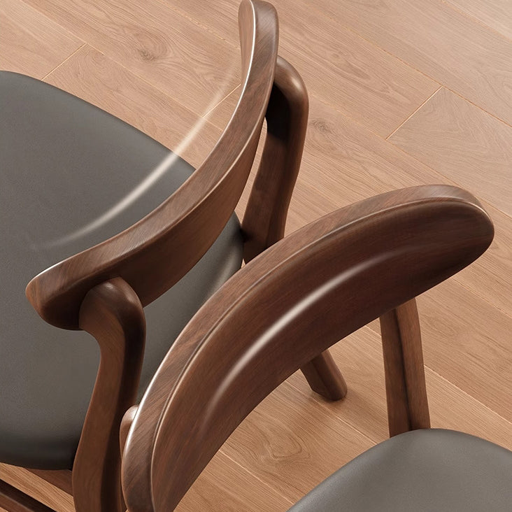 Minimalist Leather Solid Wood Curved Dining Chair — Leather + Dark Green