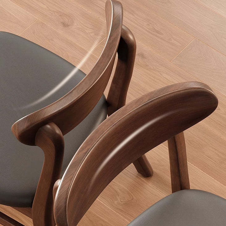 Minimalist Leather Solid Wood Curved Dining Chair — Leather + Dark Green