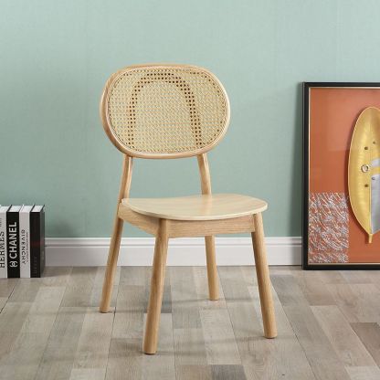Scandinavian Rubberwood Rattan Dining Chair — A - Original Wood Color