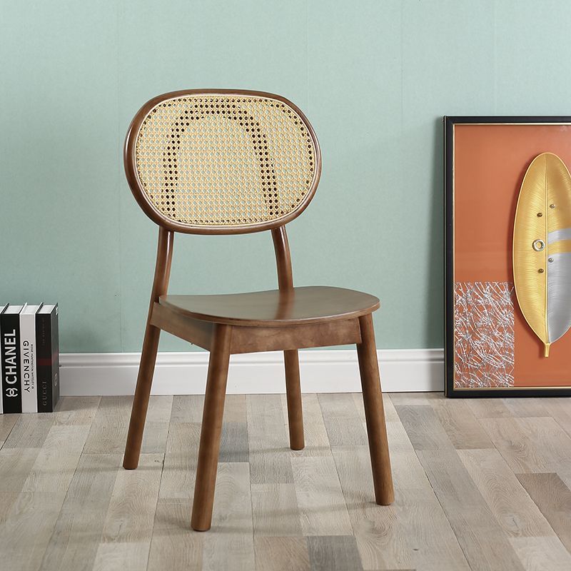 Scandinavian Rubberwood Rattan Dining Chair — A - Walnut Color