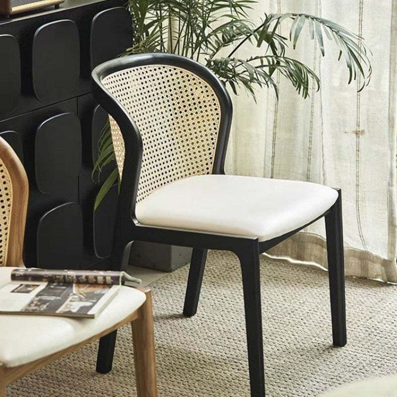 Boho Rattan Leather Wood Dining Chair — Black