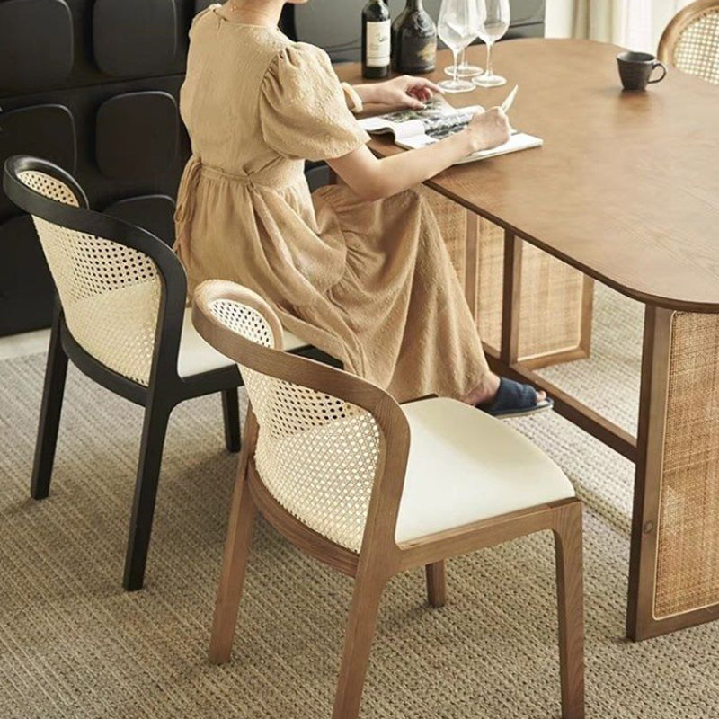 Boho Rattan Leather Wood Dining Chair