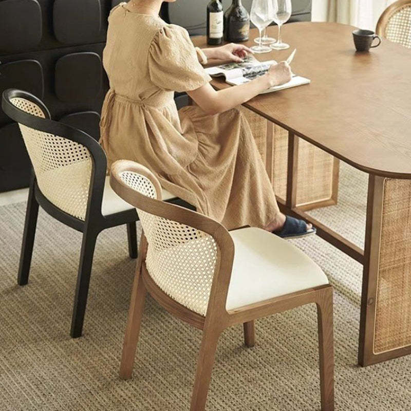 Boho Rattan Leather Wood Dining Chair