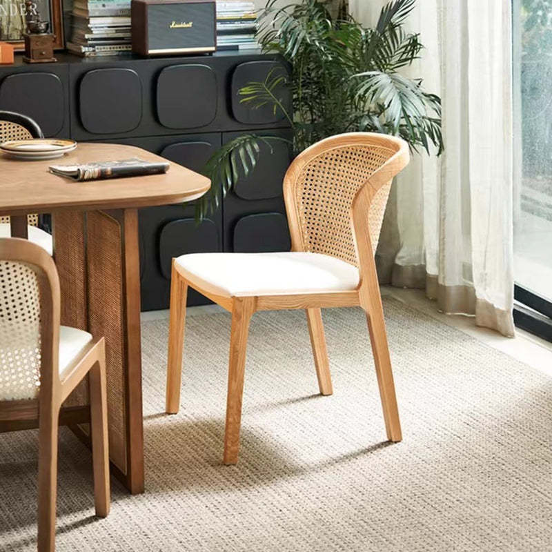 Boho Rattan Leather Wood Dining Chair — Walnut Color