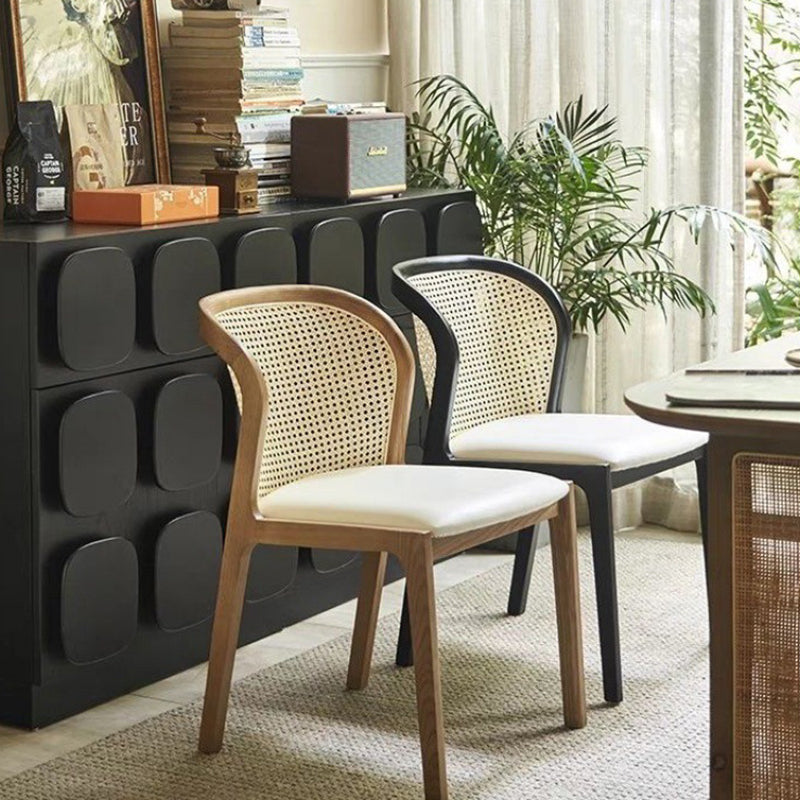 Boho Rattan Leather Wood Dining Chair — Wood Color