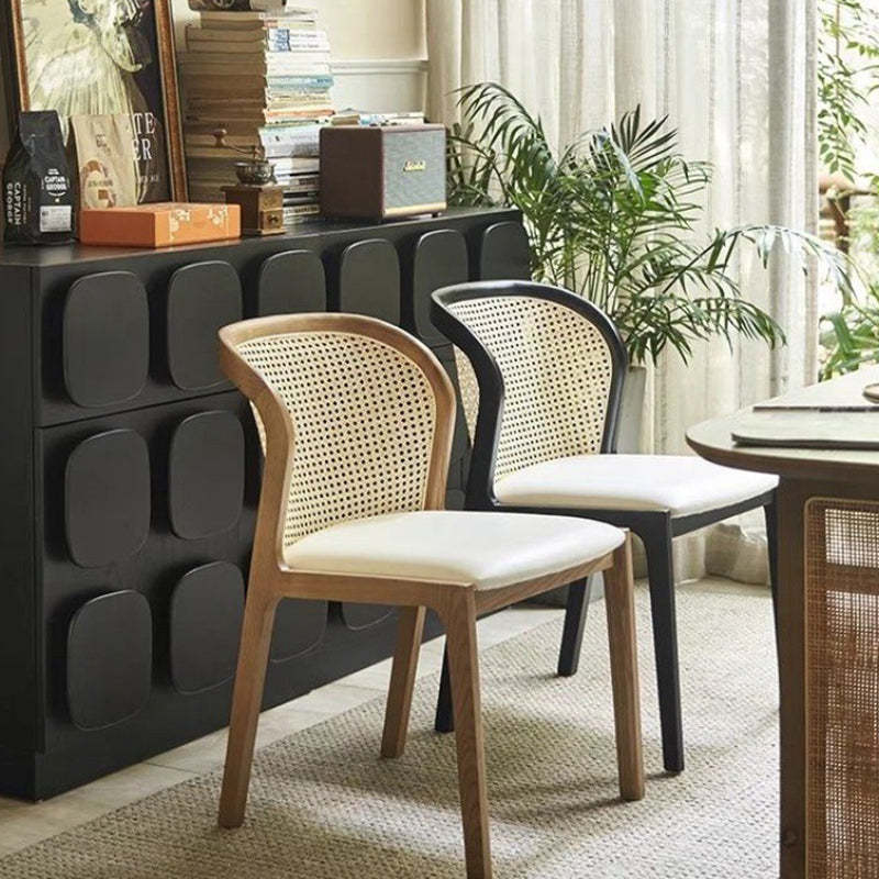 Boho Rattan Leather Wood Dining Chair — Wood Color