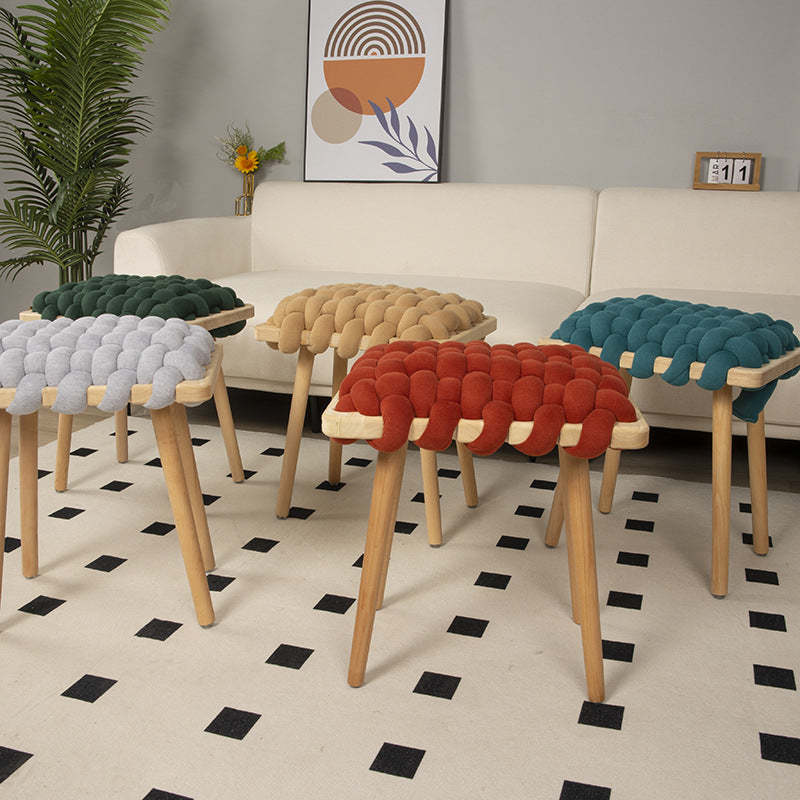 Modern Woven Fabric Wood Footstool — Turmeric