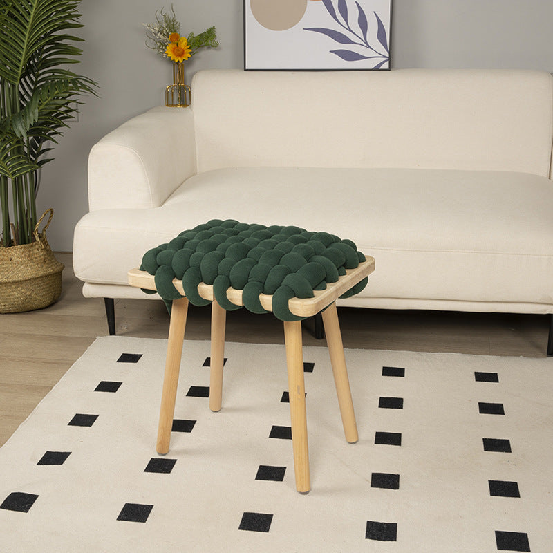 Modern Woven Fabric Wood Footstool — Dark Green