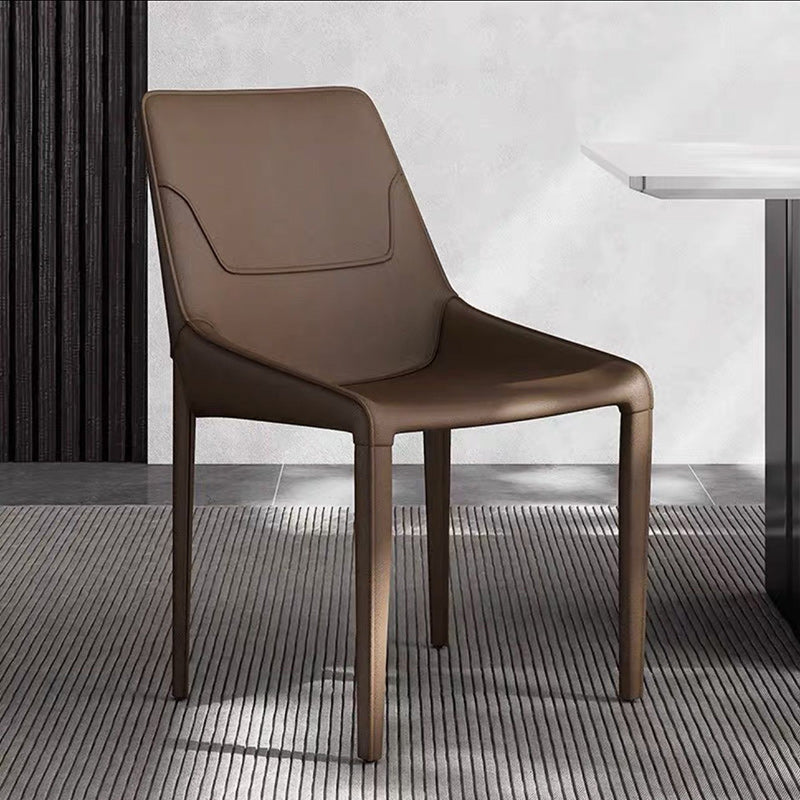 Minimalist Steel Saddle Leather Dining Chair — Dark Brown