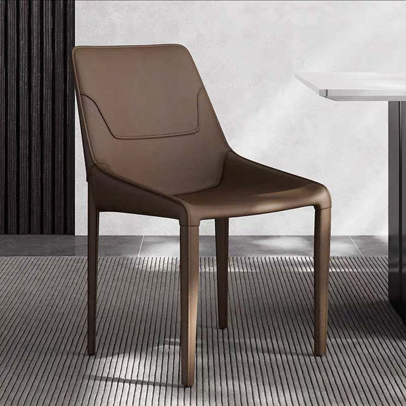 Minimalist Steel Saddle Leather Dining Chair — Dark Brown