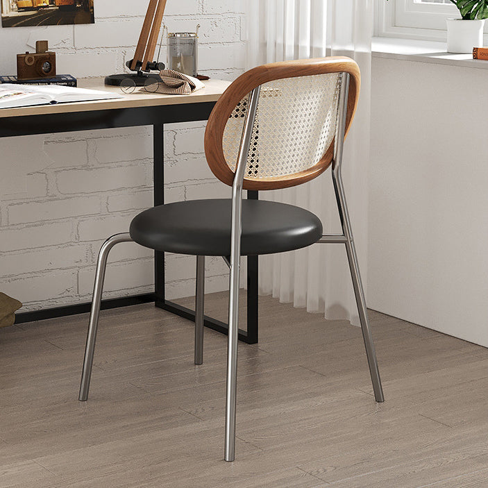 Boho Leather Rattan Steel Dining Chair — Black