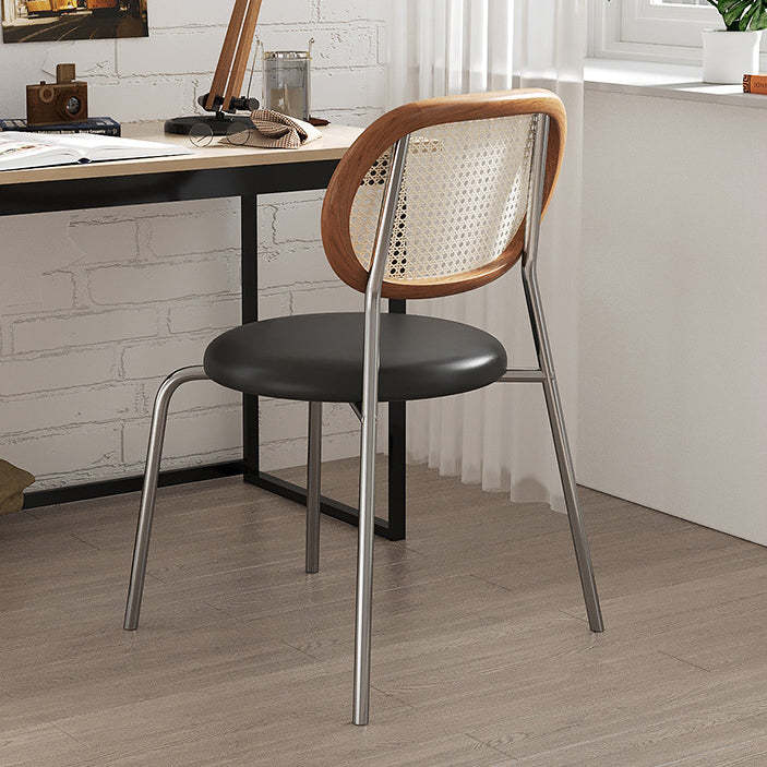 Boho Leather Rattan Steel Dining Chair — Black